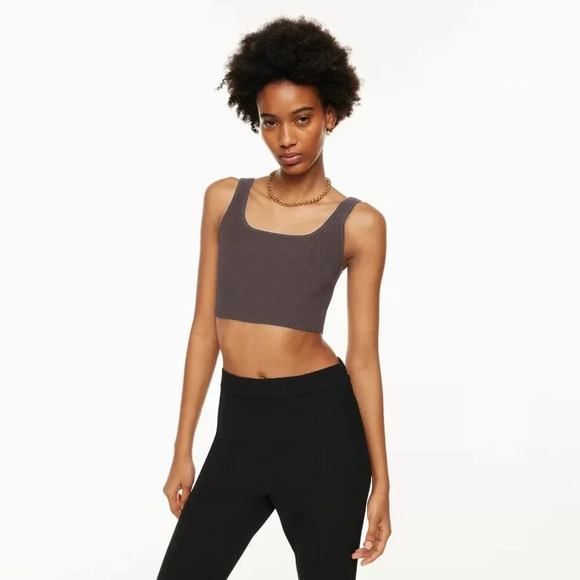 Aritzia Babaton Small Sculpt Knit  Cropped Squareneck Tank Deep Taupe Ribbed - Picture 1 of 4